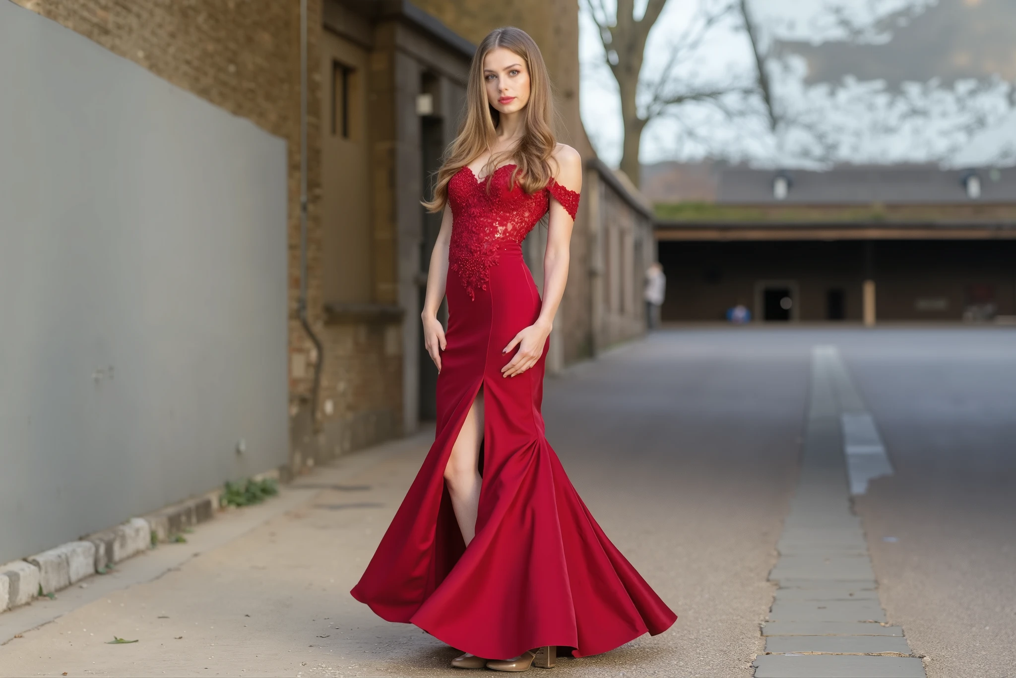 Elegant long transparent red graduation dress inspired by the goddess Athena, the front part 
