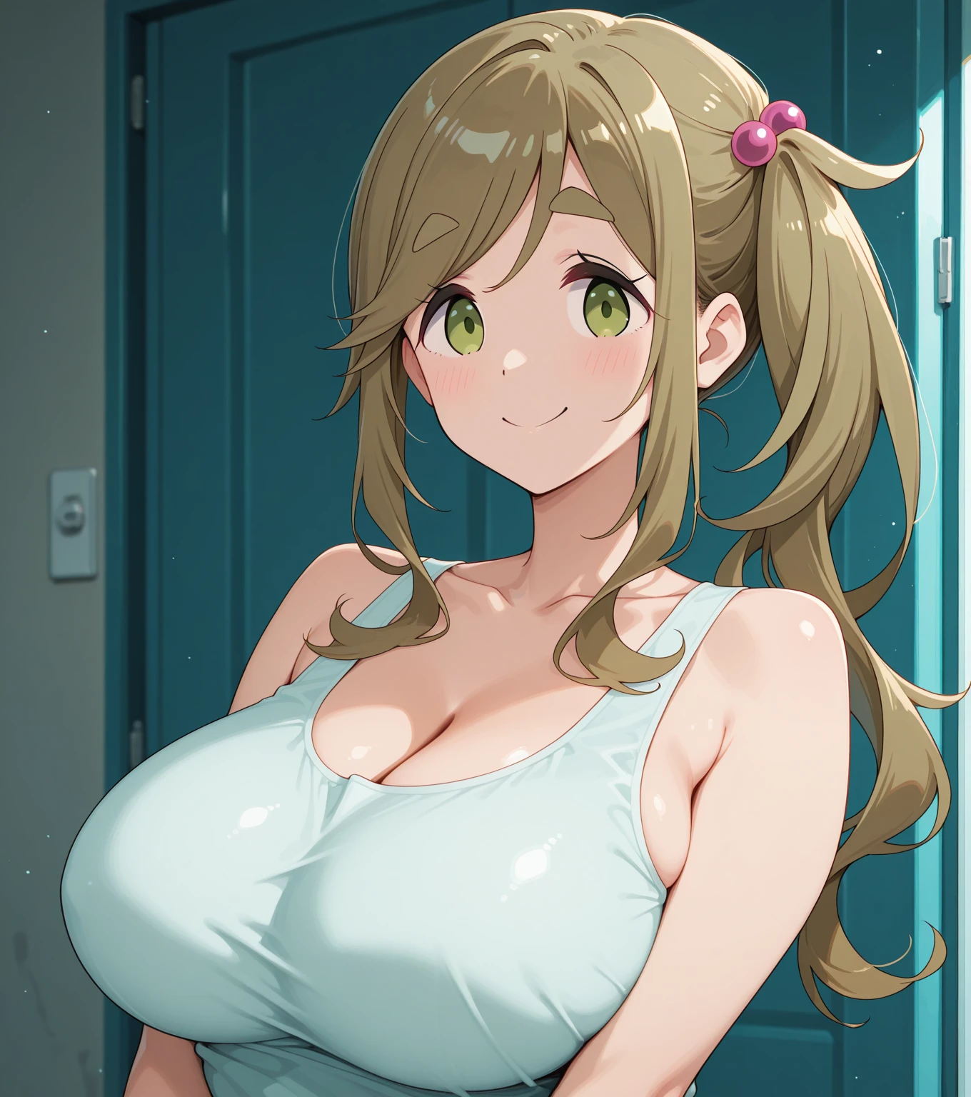 masterpiece, (highest quality), 1 female,1 girl,1 boy,,kawakami_May, blonde hair, hair length, side ponytail, purple eyes,pink leotard, pink shiny leotard, Pink rubber suit, mole under eye,women sexy, embarrassing,blush, Bright colors,,natural soft light,rtx, , beautiful feces, (detailed face:1.2), showcase, (perfect eyes:1.1) ,(Photoreal:1.1), 8K UHD, look at the audience, outside the house, simple background,big breasts, A chest that is about to burst