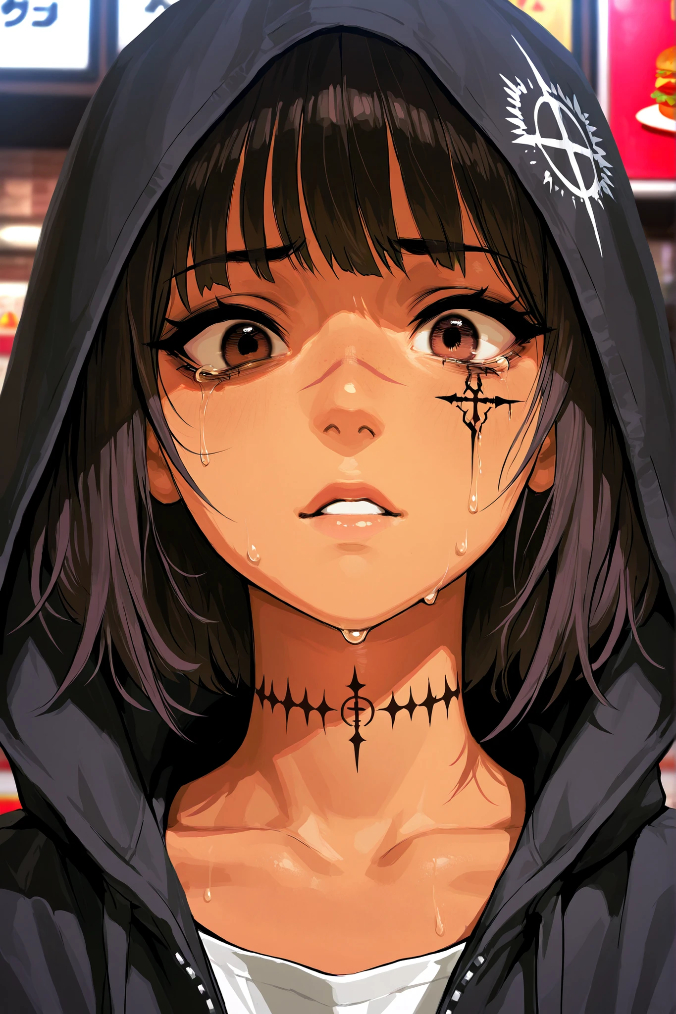 A stunning and beautiful yet sobering and haunting upper body portrait of a beautiful woman with dark brunette hair, tan skin, and brown eyes, she has a look of fear and concern tinged with an unmistakable air of weariness and sadness, she is wearing a black hooded sweatshirt with some band logo on it, her face has a scar tattoo that has three teardrops seeping from it, beneath her left eye is a satanic cross tattoo, her face is also covered in various other symbols and tattoos, close up, best eyes, best quality, masterpiece, high detail, there is a fast food place in the background, close up, her hood is up and casts a dark shadow over her face