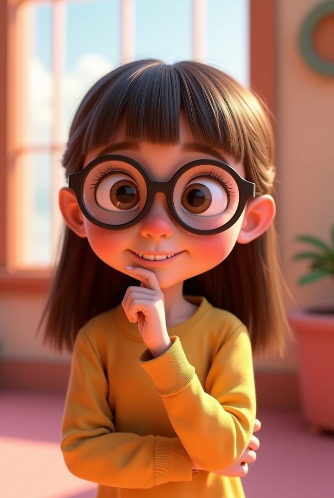 7-year-old girl with brown hair and slightly wavy eyes, wears round black and red glasses, has almond-shaped eyes with bold edges in the outer corners, as well as a slightly squinty look. She wears a simple red dress, is smiling, a playful and mischievous smile, and has a smart look. Disney Pixar animation style scene