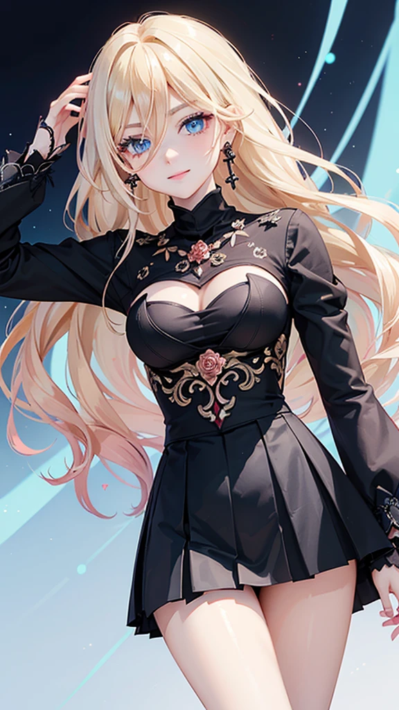 (Upper body photo), Beautiful face, Highly detailed face and skin texture, (Fine eyes), Blue eyes, Double eyelids, Thin eyebrows, Glitter eyeliner: 1.2, Natural cheeks, Glowing skin, Fair skin, ((With jacket and blouse (No cleavage)), Shiny necklace and earrings, (Shiny lips: 1. 4), (Captivating smile), (20 years old), (Wavy hair, angled bangs), Blonde Medium long hair, ((Upper body shot)), ((Focus on chest and face)), very large breasts, Perky breasts.
