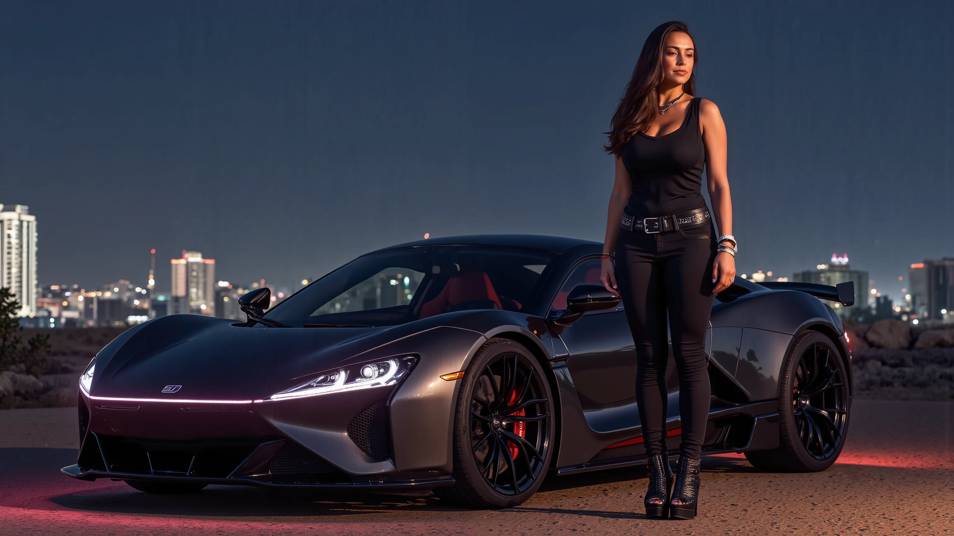 An athletic female is posing in a western cyberpunk city near a cyberpunk sports car (from the brand "Dream Diffusion", "Flux-Hi" "v8" model), at night, wearing a futuristic outfit (including high-heels) and adorned with intricate neon and rich jewellery. Autumn, wind, horizon, sharp light and shadows, cityscape, panorama. Her hair is beautifully styled. She has an highly defined body, highly defined muscles, extremely detailed realistic natural skin with skin pores, shiny skin, perfect hands, perfect eyes, ultra detailed body, ultra detailed face, ultra detailed feet, ultra detailed hands, ultra detailed eyes. Breathtaking attention to details, neon lights, RAW photo, photorealistic, ray tracing, UHD, DSLR, 16K, HDR, cinematic, masterpiece, award winning, beauty and aesthetics, high contrast, fine details and textures.