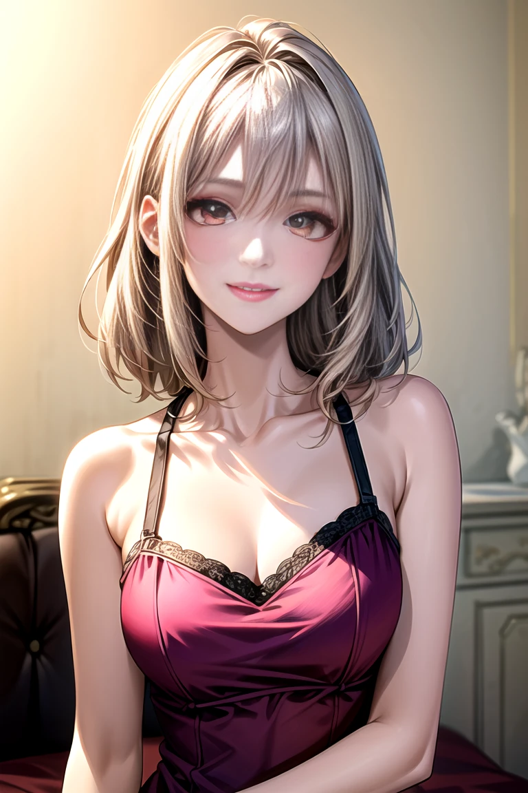 Best Quality,High resolution,8K,finelity detailed background,Masterpiece:1.2),beautiful girl,Shiny khaki hair,crossed bangs,Khaki Eyes,Gentle look,A refreshing look,smile,Best quality,Best Quality,Aesthetic and aesthetic:1.2,Best details((Super detailed))(High-definition CG illustrations),Upper Body, Red underwear,(red intricate lace),Slender body,night,moon,Bedroom,On the bed,smile,blush,cute,Scrounge,Looking up,Being spoiled,super model,wariza,shoot from,below