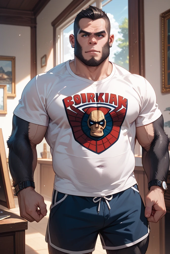 absurderes, hight resolution, 1male people, full body visible (wrestling Magazine covers:1.2), Yaoi(bara) , Stubble,clothes down, matured male, ruggedly handsome face(Graveustache, old face, beefy,thick dark eyebrow, thick eyebrows, Male Focus, bushy beard、(wearing red latex wrestling singlet), big bulging crotch, big crotch, latex, wrestling uniform, red wrestling singlet, sweaty body, very hairy chest, crotch in focus, Detailed body,Ultra-detailed eyes,hyperdetailed face,(Gray hair:1.2),(All Back Hair:1.2)、(Very short hair:1.2),(hyper pecs:1.5),Open Claus,(Soft smile:1.2),Perfect ligthing,(flexing biceps:1.2)