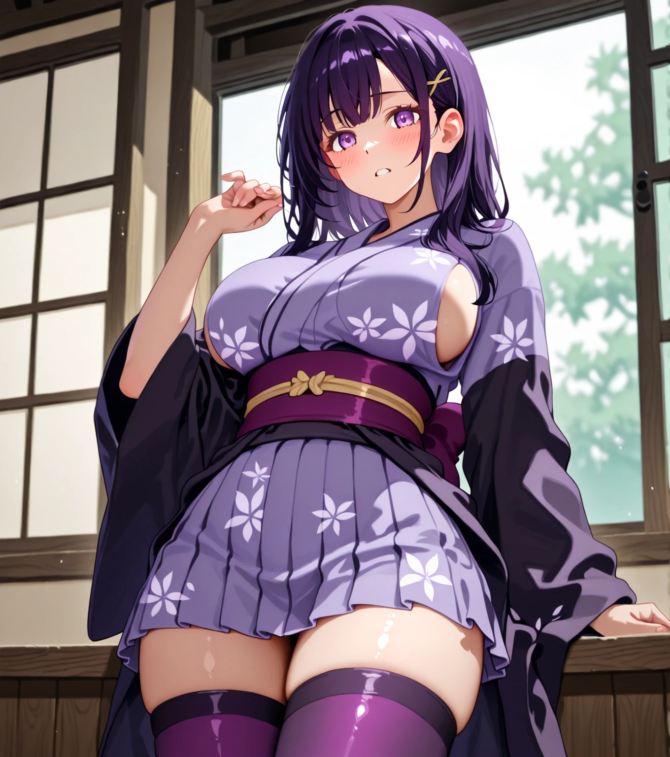 1 girl, kimono, ponytail ,purple hair,brown eyes, grassland, blue sky, wallpaper, landscape, wood,soft light , Depth of the bounds written,morning,particles of light, light, side light, thighs, destiny \(series\), genshin impact, ****, open jacket, Thighhighs, cloud,big breasts,leotard,spread legs,shyness