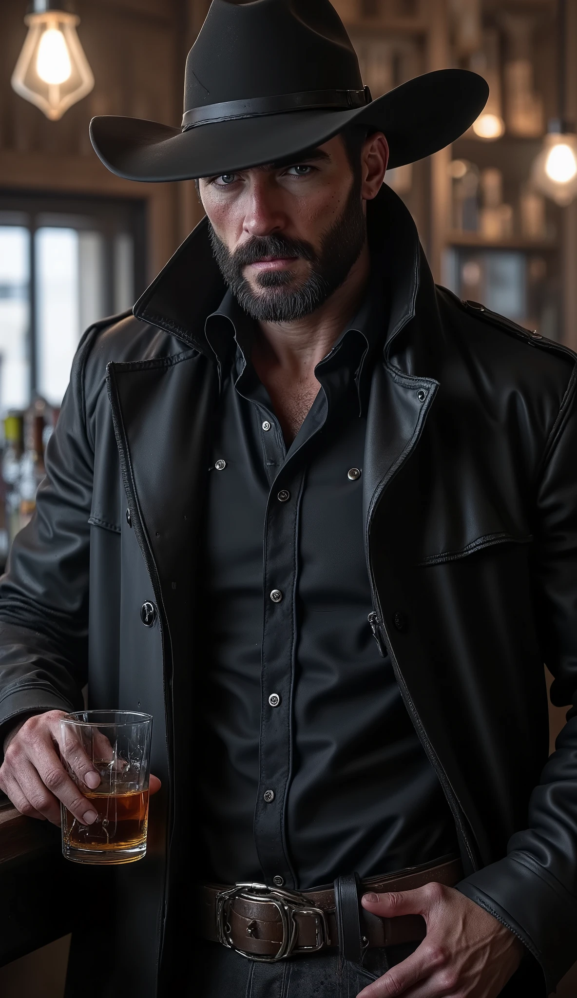 ( Gunslinger ) (1 Man) portrait of handsome man (stoic)), (Black hair), (rugged face and stubble, stoic expression), (Firm jaw, (Blue eyes), (Strong face,), at bar counter, glass of whiskey: 1,2, (wearing dark leather overcoat, buttoned shirt, wide-brimmed cowboy hat casting a shadow over intense eyes, full body)