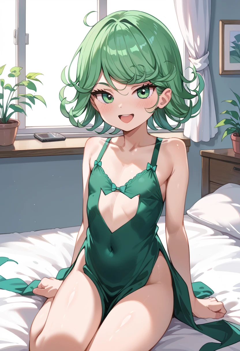 masutepiece, Best Quality, 1girl in, (C.C),Green head hair, (Green eye:1.2),((bunnygirl))、((Leotard))、length hair、((embarassed expression))、((Bedroom))、((rabbitears))、((highleg))、((pantyhose))、((Shoulder out))、((bare neck from shoulders))、((Kneeling))、((Pregnancy))