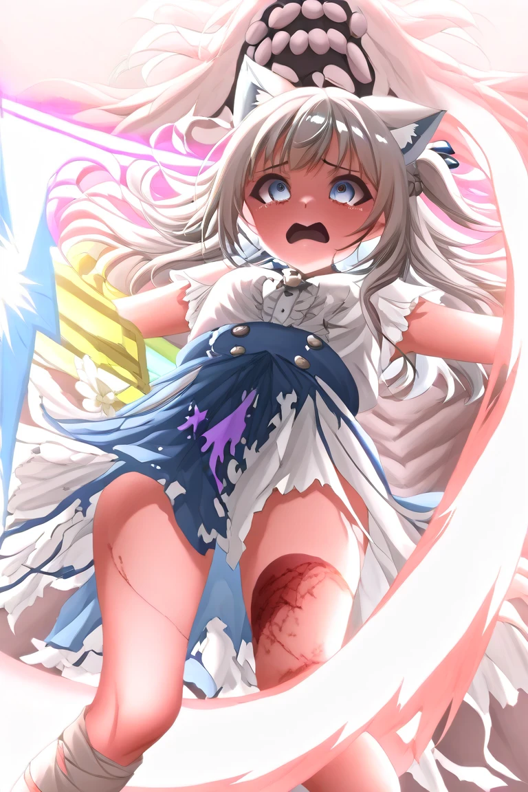 ((highest quality)), ((High resolution)),  1 girl,silver hair、((5～6 years old))、((flowing love juice))、((((blush))))、The lower body is naked、open your pussy、((((pussy is so clear))))、sad、white and blue clothes