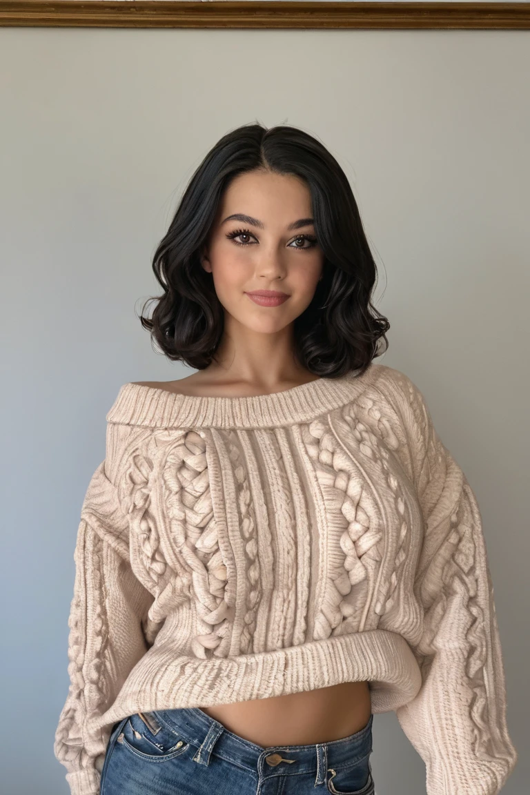 ImanLoRA1, a professional portrait of a young brunette, long messy hair, cozy sweater, simple background <lora:ImanLoRA:1>