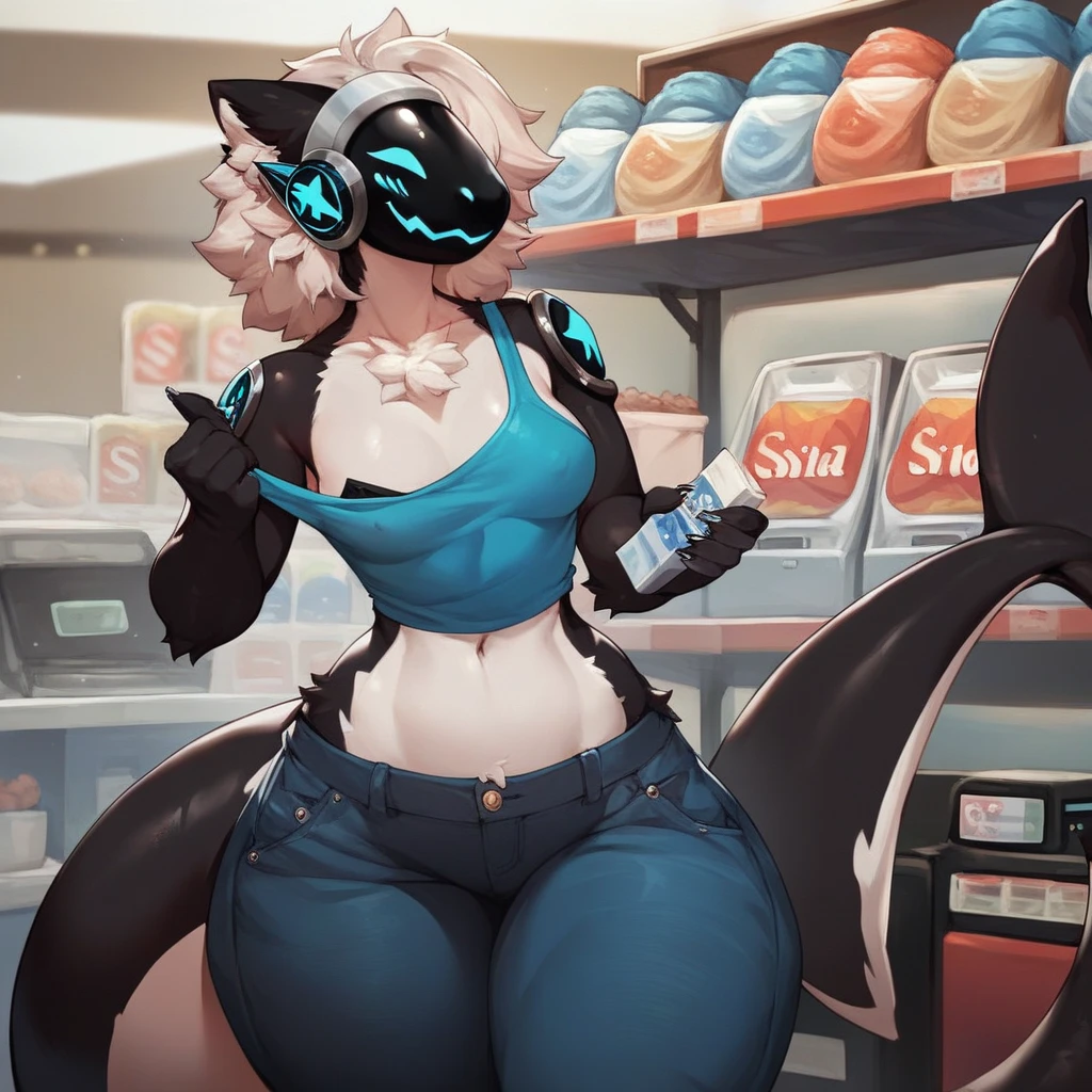 by Ross Tran, by ruan jia, by sintronic, by viola bat, by thaismotosuwa, by Coffeesoda, by Hioshiru, by asaneman, by kalnareff, by james howard, (furry protogen girl, orca girl, orca anthro, orca protogen, slick skin, fish skin), (thick thighs, small breasts, voluminous waist, wide hips), (pants, off shoulder tank top:1.2), (store, behind cash register, store clerk), ((solo)), (big lower half of body), (scars),