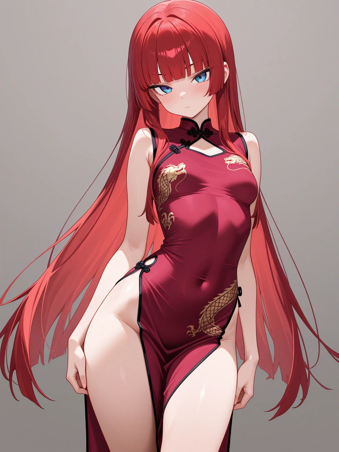 best quality,ultra high res,1girl,solo,full body,white background,standing,
red hair,blue eyes,red evening gown,red high heels,straight hair,mature female,tall female,large breasts,smile,Russian girl,