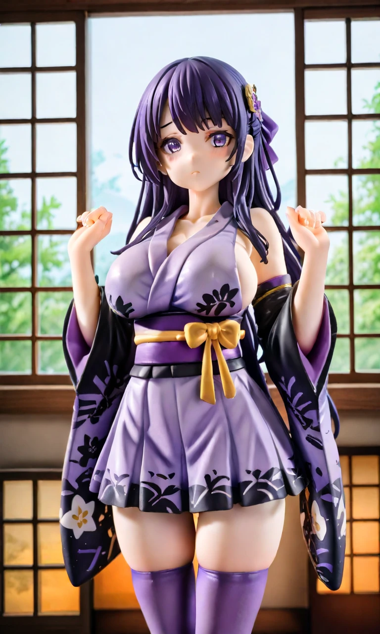 1girl,purple ponytail hair,green eyes,large breasts,fusion of floral print kimono and ball gown,dance hall,cowboy shot,