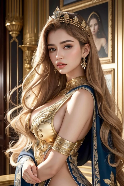 Absurd, ultra-detailed, high quality, masterpiece, detailed face, beautiful eyes(detailed eyes), Greek mythology, Goddess, Hebe (Goddess of Youth), the queen of the gods, striking and captivating, features are classically beautiful, with high cheekbones, a perfectly proportioned face, eyes depicted as large and captivating, hold an intense gaze, golden hair , Gole hair is luxuriant and flowing, cascading down her back in waves , wearing elegant robes adorned with intricate patterns , Her beauty is not merely superficial but embodies the essence of power, authority, and regality, good open breast, good booty, much torn in clothes, view to thigh, many torn in clothes, view to thigh, cluster skin, wet skin, sit, front view
