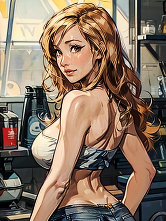 score_9, score_8_up, 1girl, solo, rosalina, style parody, thick outlines, (((blue lingerie))), sleeveless, strapless, cleavage, indoors, bar, 