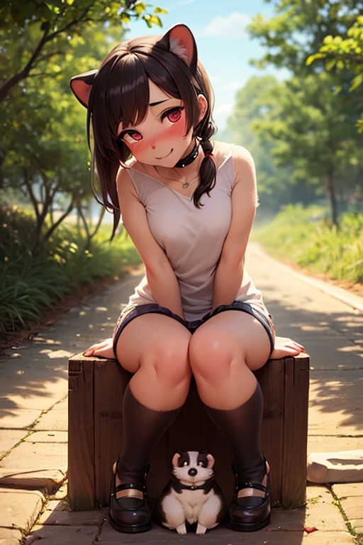 Anime Kawaii sexy Perfect Slim sensual body large breast and huge thighs, An intricate and highly detailed illustration of anime (Young girl)  Top view, flirtatious look, sweet smile, right hand arranging her hair, black hair, long, cat ears, silver eyes, defined body, SEX, athletic, casual clothes, sleeveless shirt, white, black skirt, dresser, sitting on the grass, Sunset, view of the town, Comfortable shoes, rattlesnake necklace , hair ornament, colorful, Hi-Def, ultra high quality, anime.