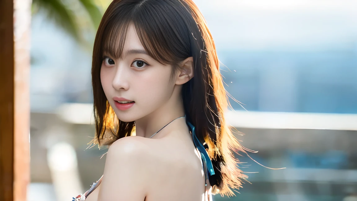 (She is a bikini model)、((18year old))、randome pose、(top-quality,masterpiece:1.3,超A high resolution,),(ultra-detailliert,Caustics),(Photorealsitic:1.4,RAW shooting,)Ultra-realistic capture,A highly detailed,High resolution 16K human skin close-up、 Skin texture is natural、、The skin looks healthy with an even tone、 Use natural light and color,女の子1人,、Westerners,,、cute brown hair,Middle hair,,smil,,(depth of fields、chromatic abberation、、Wide range of lighting、Natural Shading、)、((Full body))、Sunset on the coast、lens 200mm、portlate、a smile, Small bust, Highly detailed, bobhair_cut、