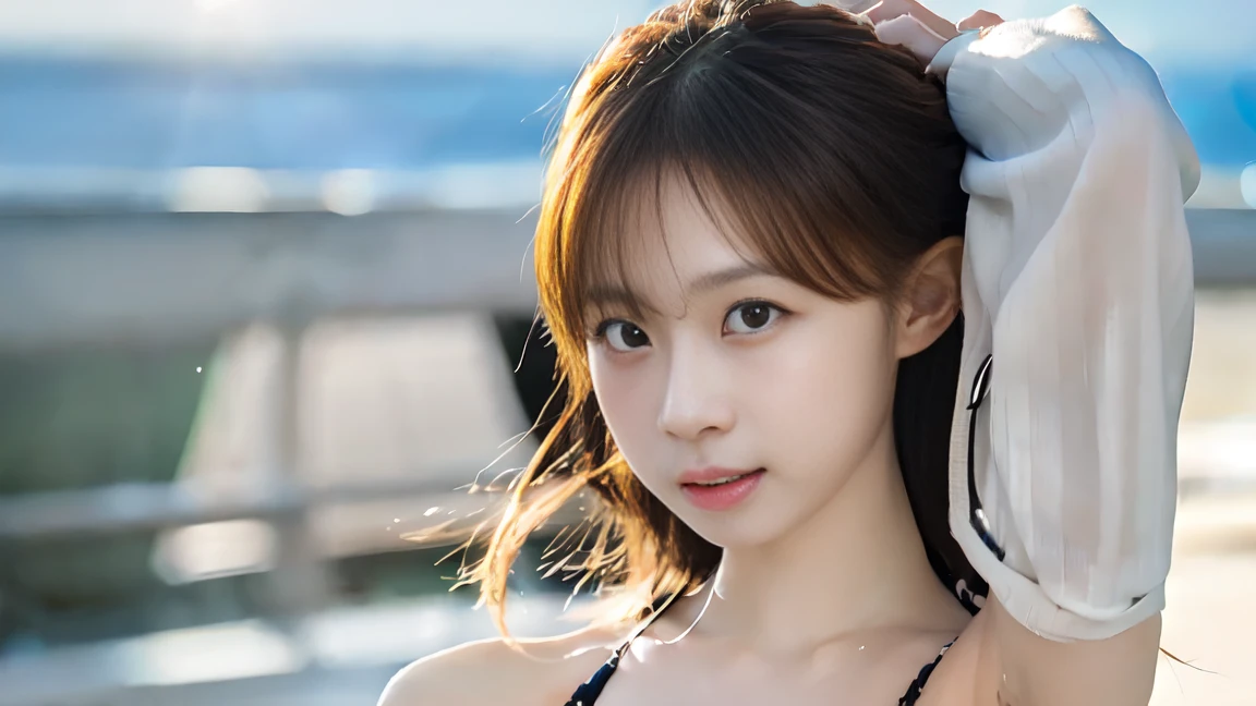 、flirtatious bikini、Small breasts、whole body、Amazing detailed digital art、sexy、Yellow swimsuit、Tiny swimsuit、Highest quality、Ultra-high resolution、Great beauty、Beautiful and delicate face、Highly detailed background、Extremely realistic skin、Small and bold、Brown eyes、cute、Detailed finger details、The slippery beautiful side、A clear aura、Ocean、Leg spread、