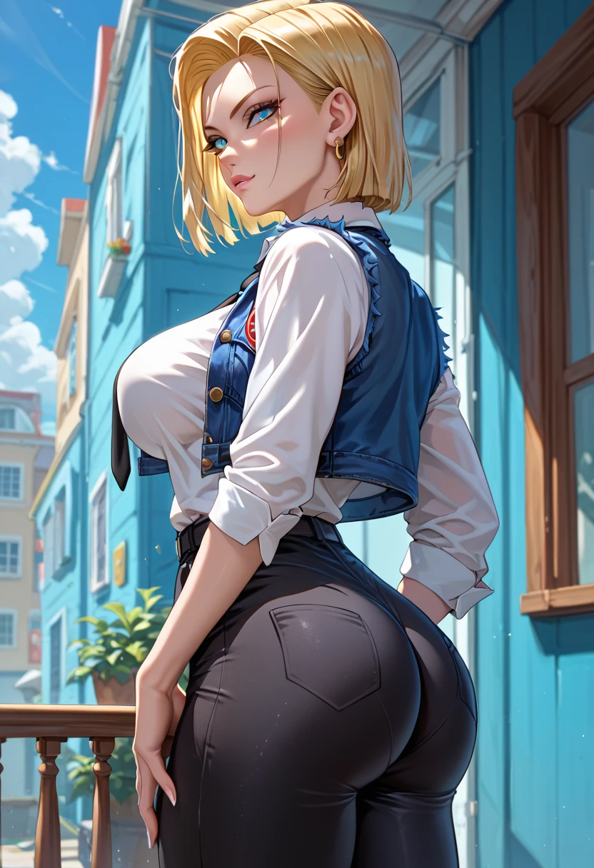 unparalleled masterpiece, ultra realistic 8k CG, perfect artwork, (1girl) , solo, ((perfect female figure)), ((((Massive Female Bodybuilder:1.3)))), ((nsfw)), looking at viewer, bimbo (android 18) standing, (teasing), best quality, sexy pose, alluring, blonde hair, (blue eyes), short hair, earrings, jewelry, denim vest, open vest, black pantyhose, black shirt, denim skirt, striped long sleeves, blue skirt, (muscular butt:1.4), (large breasts:1.4, wide_hips:1.5, small waist:1.5, thick thighs:1.3), (shiny skin), (hdr), (street),
