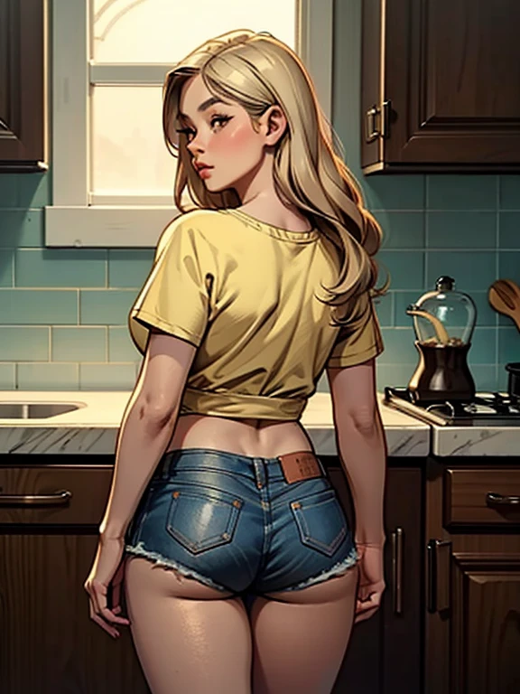 Buff blonde woman, in kitchen, in white tank-top, white cotton panties, gripping a kitchen table, startled expression, anime art style, intricate details