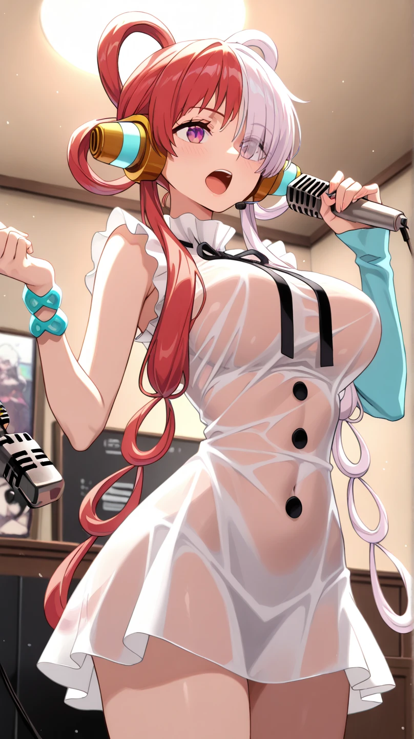 masutepiece、Best Quality、hight resolution、tre anatomically correct、((stage))、microphone、((live))、dance、white dres、Black ribbon at chest、a miniskirt、(Vibrant colors:1.2)、(masterpiece:2.0)、onepiece、Uta、blanche、left red hair、right gray hair、Not wearing pants、divine spirit、Flushed cheeks、a smile、Beautiful girl in every detail、Body shining with sweat、Wet、Seductive thighs、sexy pose、Hair above one eye、(frombelow:1.5)、Pussy、Female genitals、vaginal、Intravaginal、Expansion、You can see inside the skirt、((Female genital exposure))、Lit up、(pointy tits:1.6)