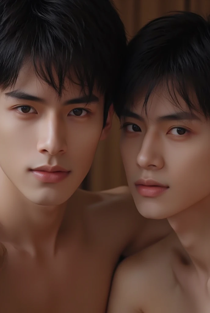 Two male lovers in their 20s taking a photo...., Wear a navy shirt......................, high resolution, masterpiece, best quality, head:1.3,((Hasselblad photos)), delicate skin, Full chest muscles，abdominal muscles，topless，very handsome，clear focus, (Cinema lighting), night, soft light, dynamic angle, [:(Detailed face:1.2):0.2],(((exercise))), Sporty, Arm muscles are big........., hands on hips.