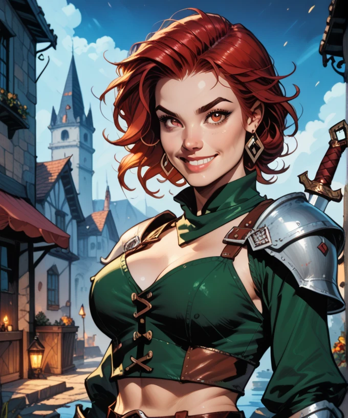 (1girl:1.3), (solo:1.2), curvy, (masterpiece:1.2), (best quality:1.2), (perfect anatomy:1.4), (dynamic pose:1.4), (confident:1.2), smile
<lora:Asura [MockAI - v1.0]:0.8> asura, (film grain:1.2), (highly detailed shading:1.2), shiny skin, (large breasts:1.2), (cowboy shot:1.2), (post fight scenery:1.3), rubble, outside, daylight, (red hair:1.3), long hair, curly hair, (green-blue eyes:1.4), open hair, freckles, beautiful face, beautiful eyes,, (dress:1.2), (medieval clothes:1.4), medieval dress, leather, belt, jewelry, cleavage