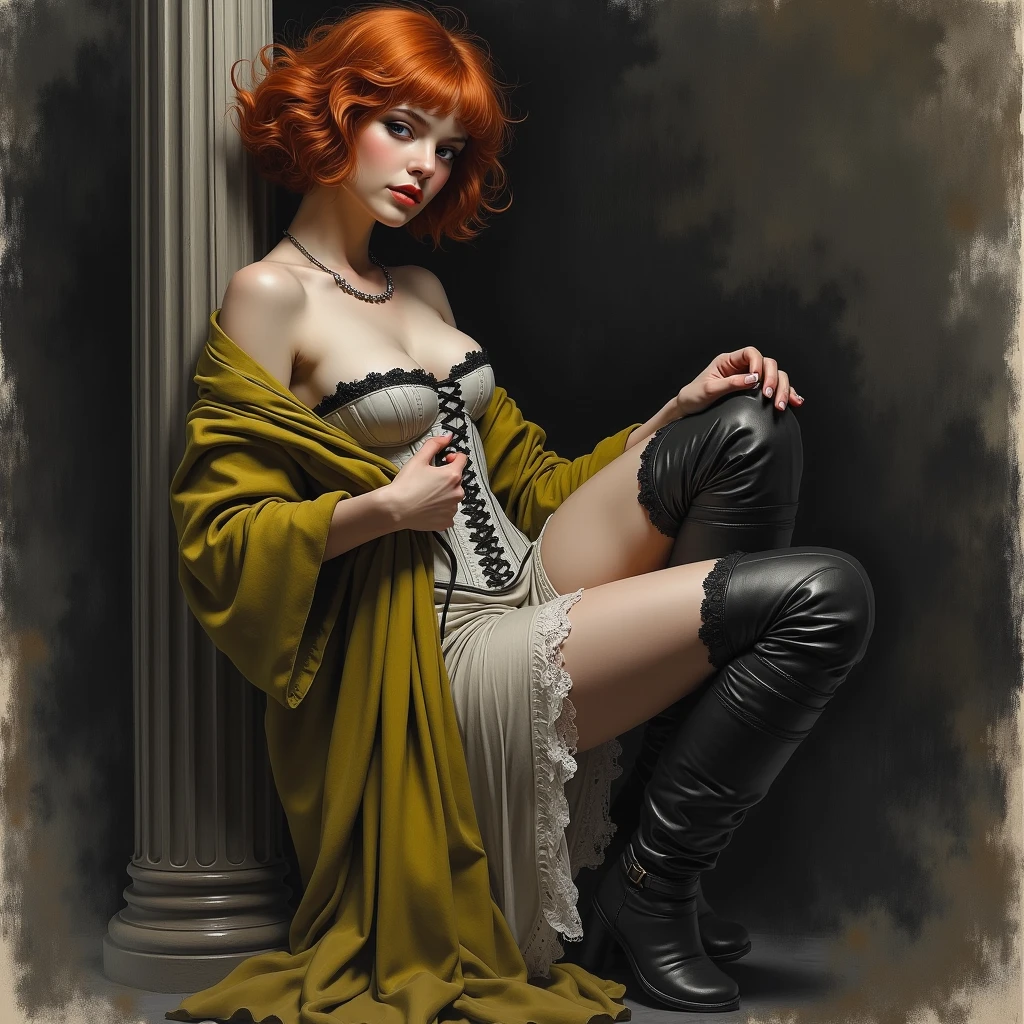 in a heavy metal pub, very sexy, tight miniskirt, very tight clothes, small breasts, redhead, smiles,(art inspired by Bill Sienkiewicz). oil painting) (best quality,4k,8k,highres,masterpiece:1.2),ultra-detailed,(realistic,photorealistic,photo-realistic:1.37),intricate details,vivid colors,sharp focus,professional,Dave McKean artwork, oil touch of surrealism,oil painting style,portrait,woman,beautiful detailed eyes,beautiful detailed lips,dreamlike atmosphere,shadow play,soft lighting,playful pose,minimalist room,dark hues,ethereal background,fantasy elements,texture,layered composition.
