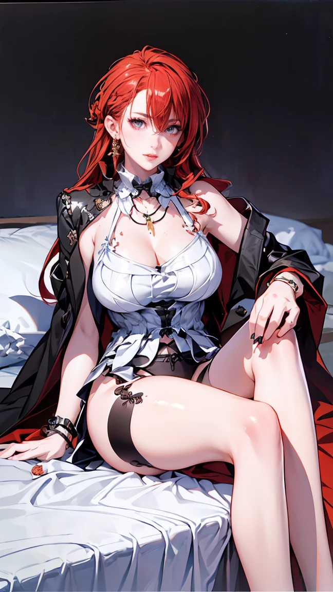 obra-prima, melhor qualidade, 1girl, pyra, solo, bare_shoulders, black_ribbon, big breasts, red_dress, collared_dress, vestido, luvas, hair_ornament, hair_ribbon, hand_up, narrow_waist, neck_ribbon, panthyhose, calcinhas, parted_lips, fita, short_dress, sem mangas, sleeveless_dress, swept_bangs, wrist_cuffs, long hair,