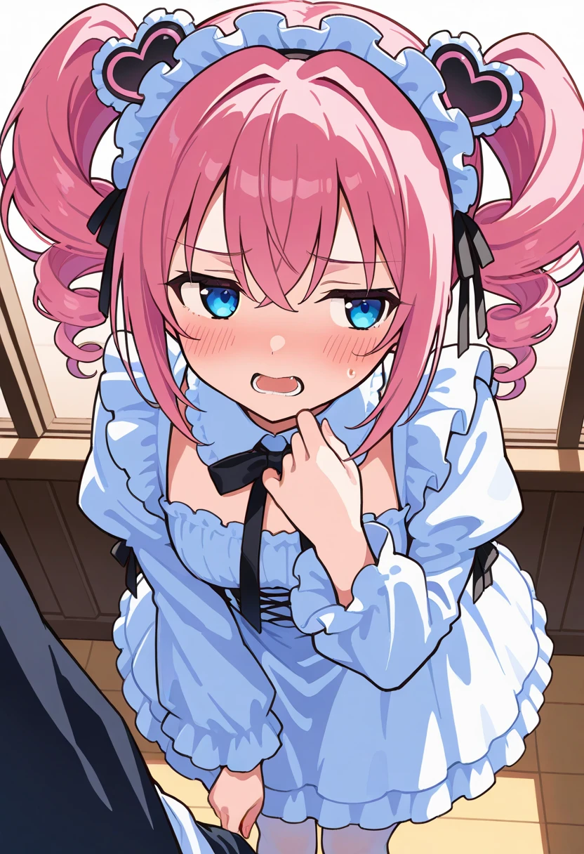 one house wife,twintails hair color is pink,cute,eyes are Blue,disproportionate breasts,dashed eyes The background is in the room,on the bed,naughty face, orgasm.🤳