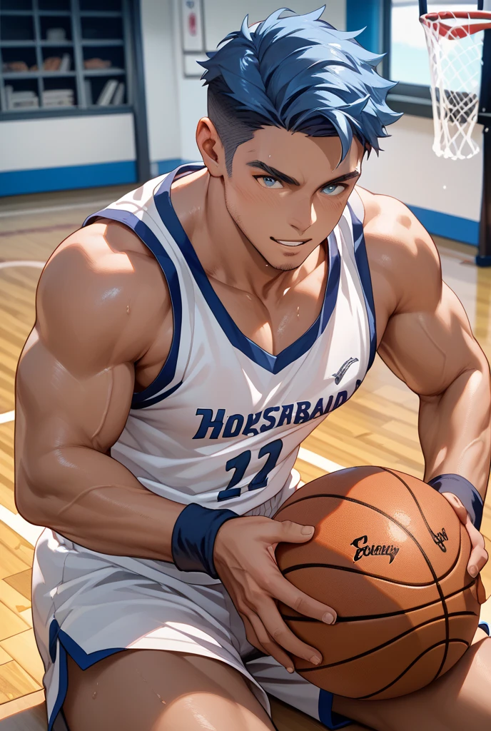 1boy, adult, handsome, perfect face, detailed eyes and face, clean shaved, muscular, capturing a rural atmosphere, dynamic lighting, unreal engine 5, hd picture, satoru gojo, white hair, short hair ,hair between eyes ,blue eyes, white skin, milk nipple details, basketball stadium background