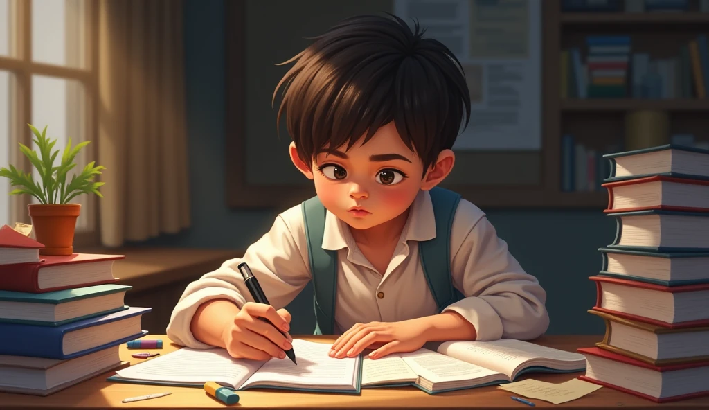 A 15-year-old boy studies in a classroom, Close-up portrait, charcoal portrait, Black and white, Pencil sketch. (Best quality, A high resolution, Ultra-detailed), Studio lighting, Realistic, Vivid colors, Fine details, Dramatic lighting, Contrast.