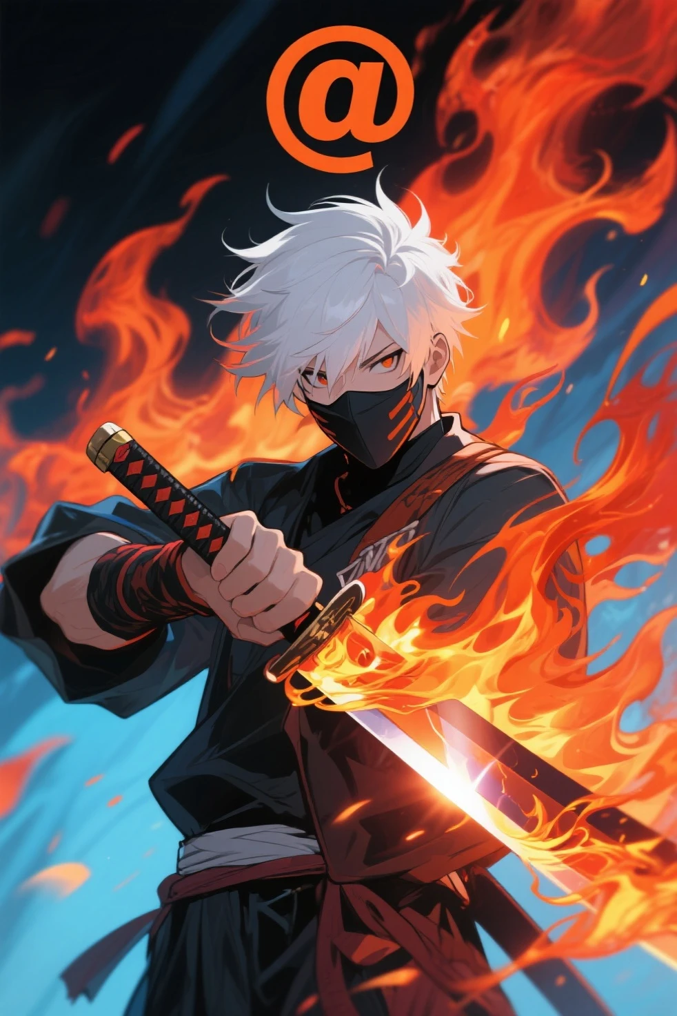 One Guy with white hair, wearing ninja outfit, red eyes, one eye is damaged, using huge axe, attacking, huge muscles,