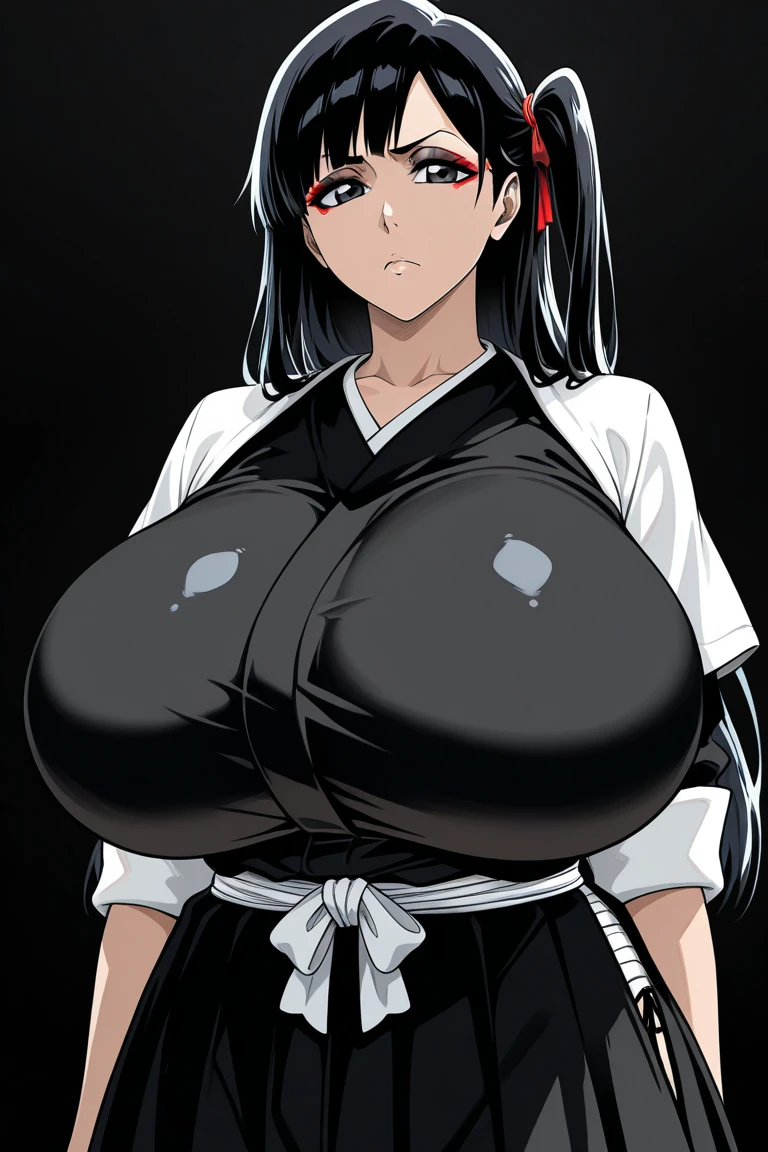 best quality、high quality、masterpiece、detailed、high resolution、breasts of unusual size,、high quality、Mouth slightly open.masterpiece、a shadow falls on my face、big breasts、big breasts、cheeks are red、I am excited、Sadistic smile、shiny skin、oil body、1 big 、cowboy shot、naked、full nude、(huge breasts:1.9)、black side twin tails hair、short hair、angry face、touch breasts、red eyes, shadow on face,