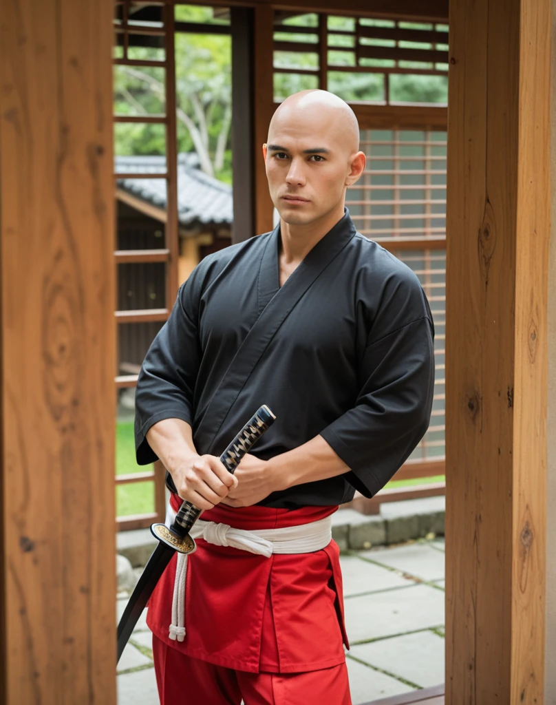 Japanese male samurai, 30 years old, large body, big muscles, slightly hairy, black hair, six pack, body full of wounds, sweaty, tanned skin, dirt, wearing old red and black traditional Japanese armor. , holding a katana, in the middle of the battlefield, Shikoku, fighting stance , full length shot , swollen nipples , puffy nipples , string thong , thigh , 2 male , hug from behind