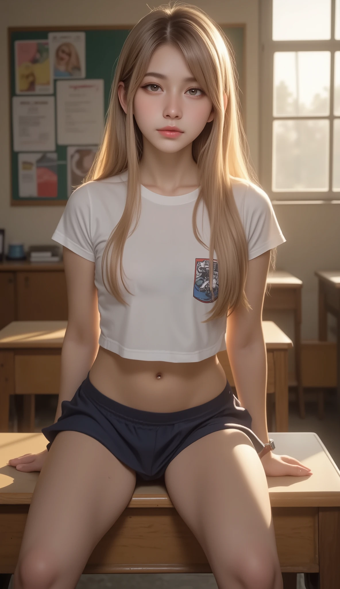 (photorealism:1.2), beautiful girl, sitting on school desk, wearing school uniform, tiny skirt, nice body, long straight blonde hair, indoors, soft lighting, school classroom in background, window with sunlight, tough girl, realistic, intricate details, warm colors, not smiling, Pretty, 4k details, human
