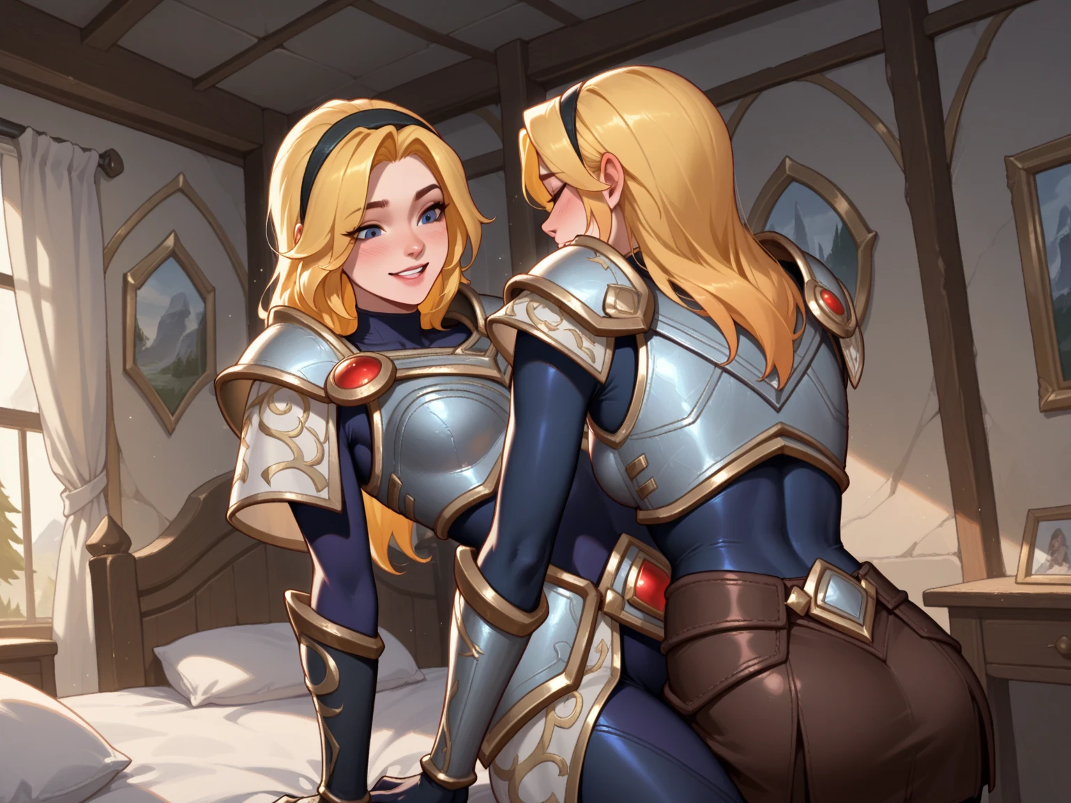 1 brunette warrior, 1 blonde warrior, 2 girls, armor, medieval fantasy, D&d, RPG, ultra realistic, ultra detailed, best quality, 8k, wallpaper, steel breastplate, steel gauntlets, steel gloves, back, both pantless, no pants, tiny panties, white panties, thong calciha, ass, panty view, thong, cameltoe, pantyshot, RAW, nsfw,