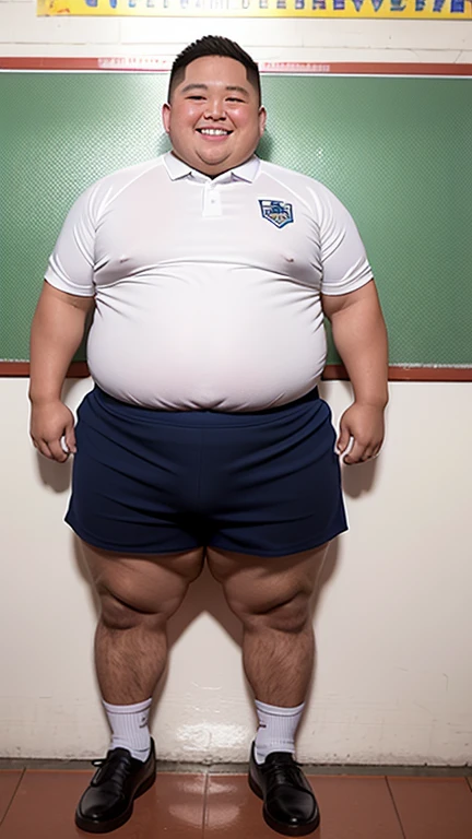 extremely obese funny man in the gym, with shorts, no shirt, looking directly at the camera, realistic, 8k