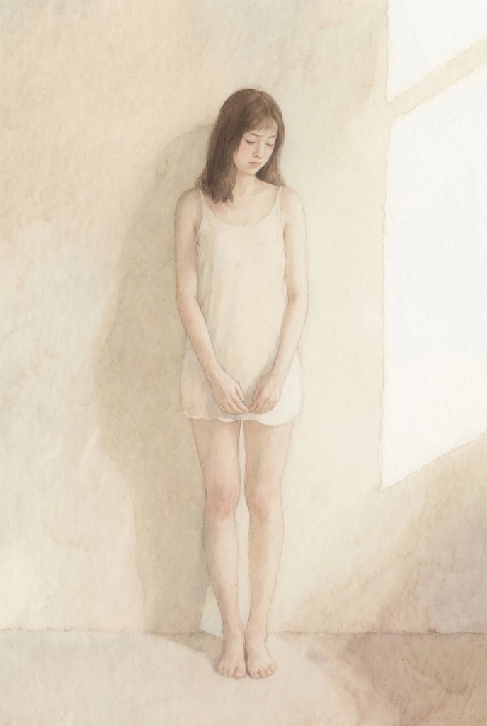 An exquisite slender girl of 16 years old with a perfect face with dark short hair in the rays of the rising sun, naked with tender breasts with pink nipples, barefoot on the veranda in the garden, drinking coffee and looking at the flowers, in watercolor style, Discreet shades, Flares, imitation of film photography, against the sun, a lot of sun glare, light fills the frame
