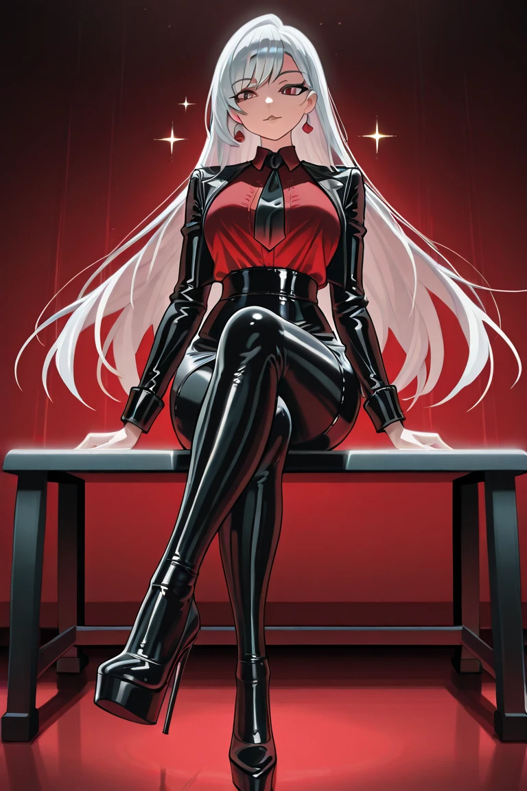 Long crimson hair, crimson eyes, evil, sexy, black and red clothes, evil face, evil, serious look, gloss lips, sinister, front look, bloody, gloves, close up, portrait, beautiful eyes, big white, dark place, night, sensual, straight hair cut, clear skin, evil, young 30 years girl, adult girl, solo, red, very long hair, ankle length hair, handsome older WOMAN,crimson-eyes,crimson pupils,Long white hair,Hyperresolution,accuracy,Detailed rendering,(Image of fine hair)(topquality)(Masterpieces of masters)(High degree of completeness)(A sense of atmosphere)tmasterpiece,Super detailed and super detailed(((full-body)))(((Sexy black latex outfit)))