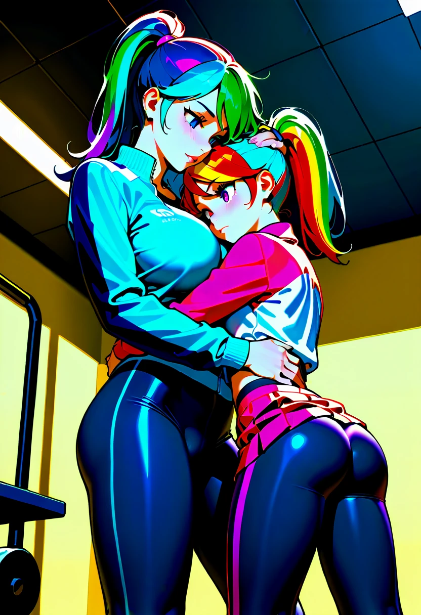 score_9, score_8_up, score_7_up, score_6_up, score_5_up, score_4_up, (source_anime), 2girls, evangellion, asuka langley, rei ayanami, yuri, breast sucking, Inside an elevator, Full body, big ass