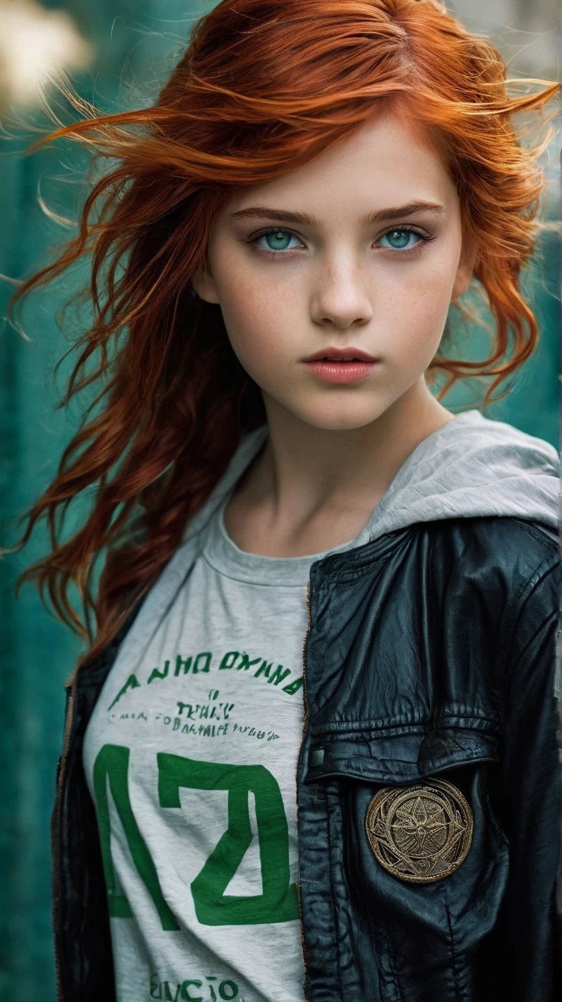 ((reflective blue eyes)), photo of a 18 years old hot punk girl, ((wearing dark-red punk top)), long curly dark-red hair, perfect teeth, flirty, horny, seductive pose, looking up at viewer, cinematic composition, detailed face, detailed eyes, detailed skin pores, 8K, UHD, high definition photo,
