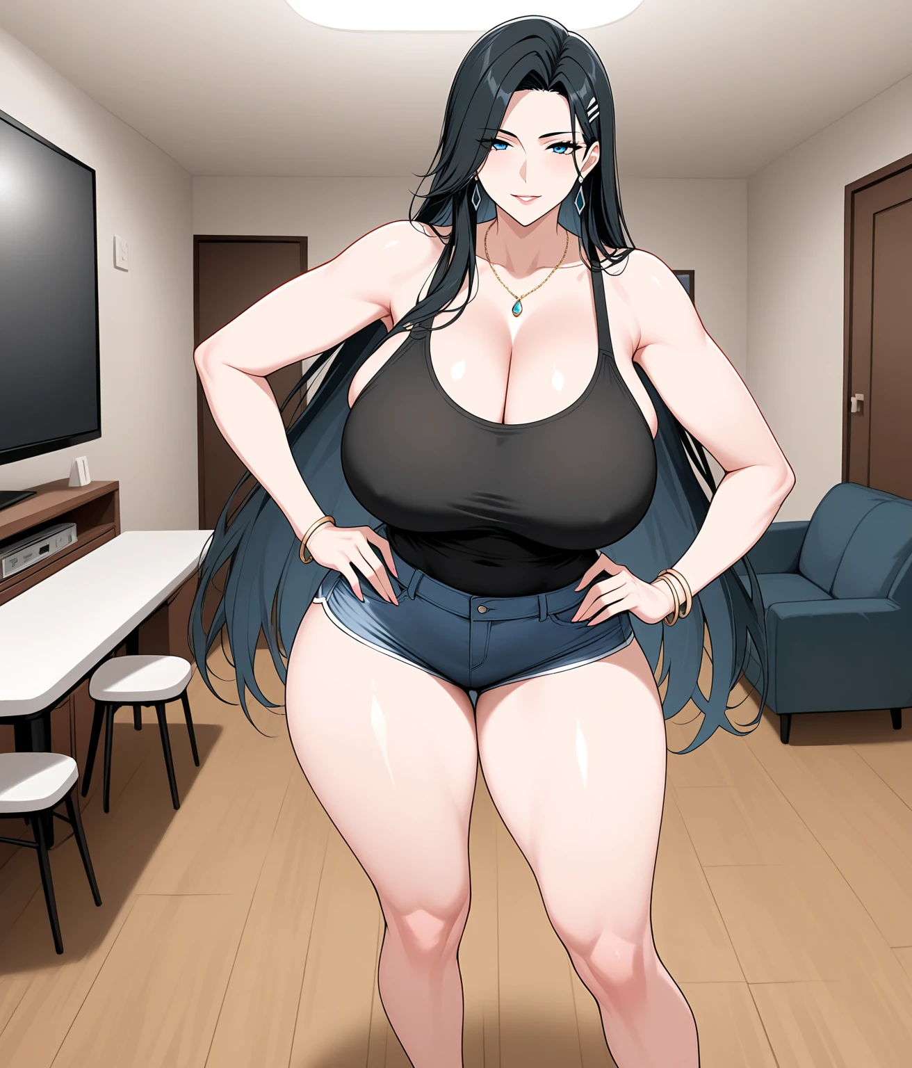 (masterpiece), expressive eyes, best quality,perfect face
8k, best quality, real picture, intricate details, ultra-detailed, ultra highres, depth field,fully body,sexy,(photorealistic,realistic:1.2),masterpiece, straight-on shot, dutch angle, 1girl, an extremely beautiful 17-year-old girl, innocent big eyes, (Black _LONG_hair), (Brown_eyes:1.0),(wavy hair,(Bangs),long hair, perfect shiny skin, flawless skin, fair skin, huge breasts, cleavage, narrow waist, light blush, solo, looking at viewer, evil smile, chubby under clothes, sweat, wearing ((Black Tank Top)), Sleeveless,Black_Vest_top,((Black Shorts)), (gravure pose :1.1), sunset, classroom ,(seductive smile, jagged expression, evil expression)),(Beautiful,huge_Breasts:1.4), (beautiful face:1.5),(narrow waist),(huge ass :1.4),(slender body:1.2),cleavage, midriff,navel,Large Aerolae,perky breasts,(detailed black tank top),expressive eyes,perfect eyes, (beautiful eyes), (dazzling pupils), (amazing irises), (perfect eyes), perfect anatomy ,no mistakes,1girl, covered nipples, plump,standing, slim legs, unaligned breasts,slim legs,glossy hair, glossy skin, glossy eyes, detailed hair,photo of perfecteyes eyes,wearing tight black tanktop with black hotpants,tareme-eyes,very_long_hair,Detailedface,wearing tight black tanktop with black hotpants,