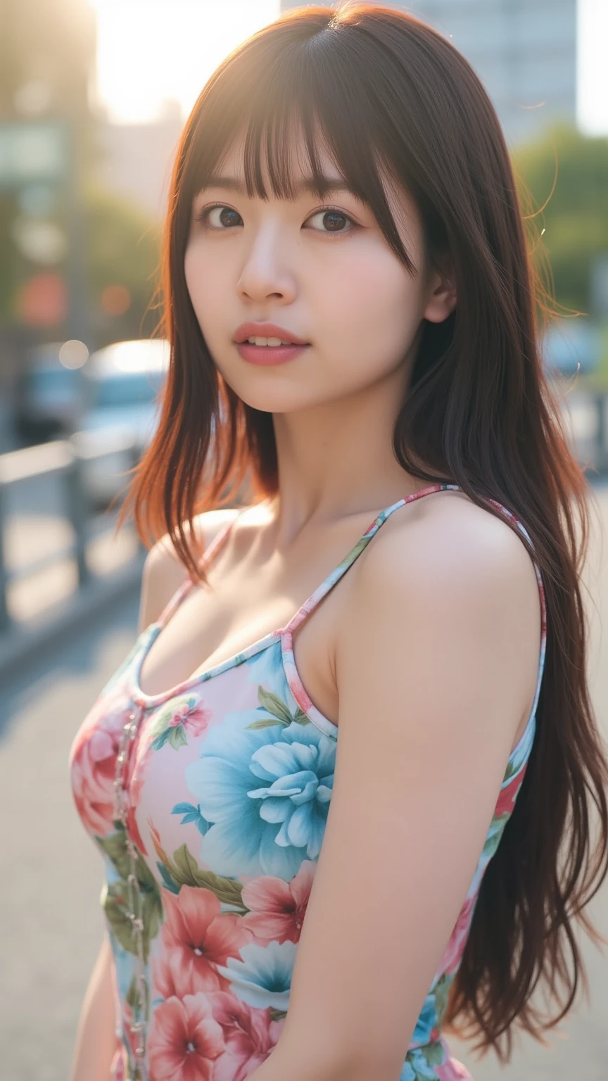 ((Best quality, 8k, masterpiece:1.3)),1girl,18 years old,Asian,Real texture:1.3,(Background blur:1.1),Dress Up,Tall and slender figure:1.2,(Hot summer weather),(street:1.3),Highly detailed face and skin textures,Exquisite eyes,Long eyelashes,Double eyelids,Skin Whitening,happy,Various postures,Breast
