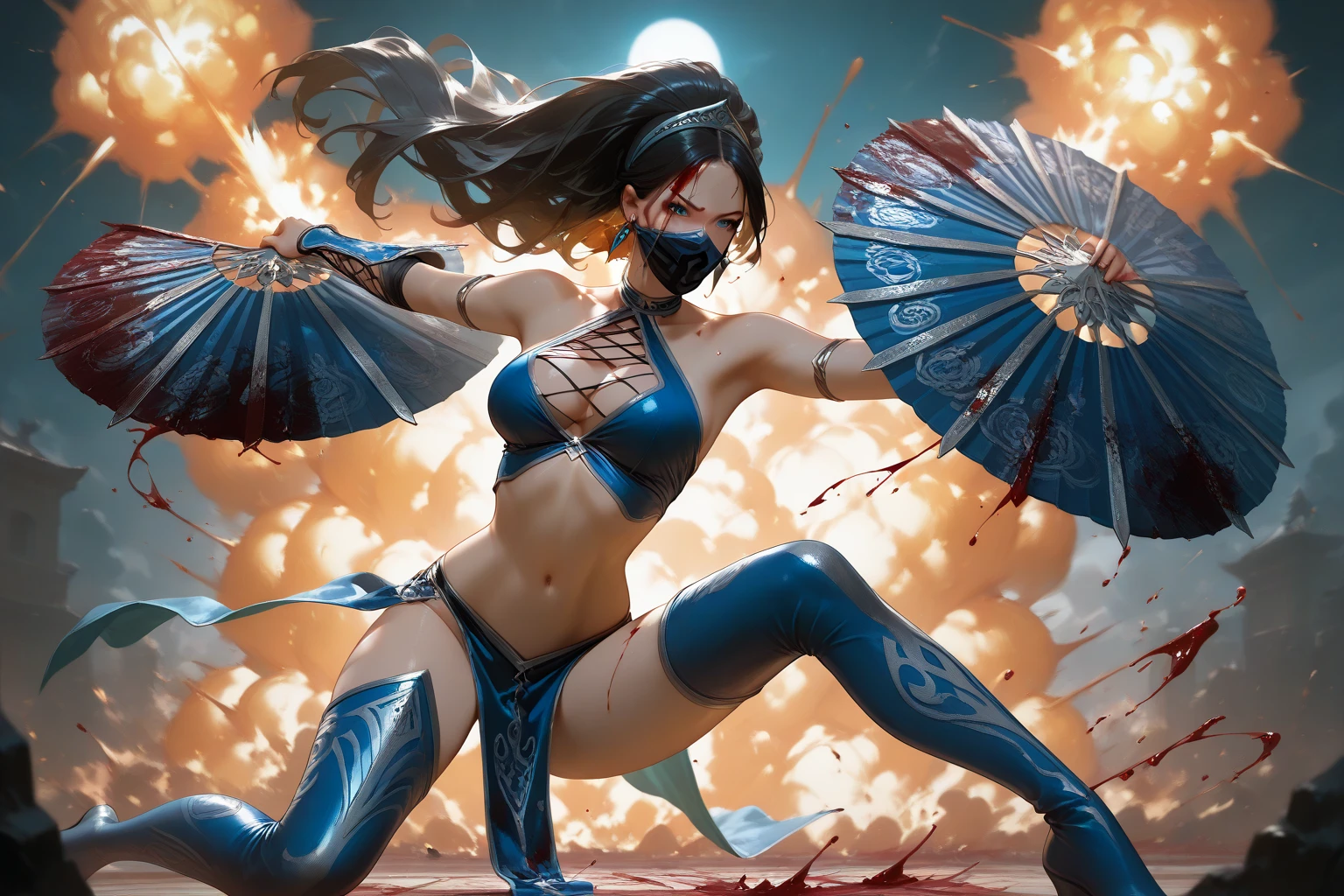 Sexy woman, kitana, mortal kombat, leather suit, long hair, scarf on face, holding fan.