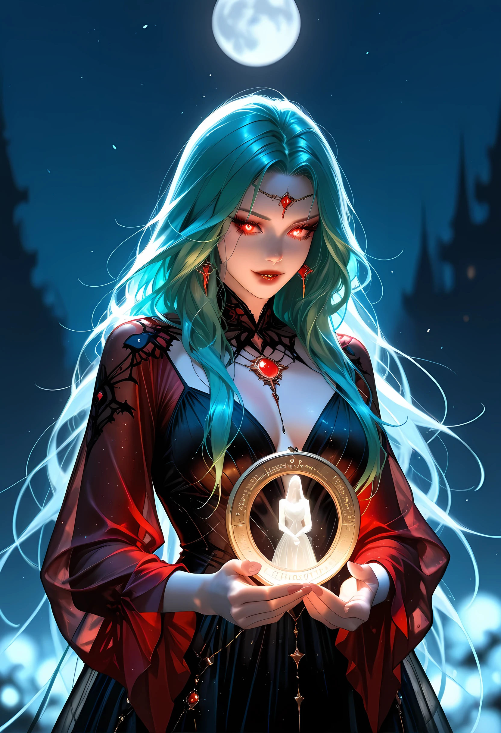 a picture of an epic beautiful female vampire, ghostly beauty, wearing transluminescent dress, black silk dress, intricate dress, transluminescent dress, transparent dress, red sleeves, epic beautiful female vampire, pale skin perfect body, ghostly beauty, serene beauty, lush hair, long hair, red glowing eyes, vampire fangs, stars entwined in the woman's hair, light caress the woman, moon light caress the dress, fantasy art, night time, the moon rises, creating award winning, photorealism, depth of field, hyper realistic, zavy-ctcmcs, Celestial Fantasy, dnddarkestfantasy, Art Deco