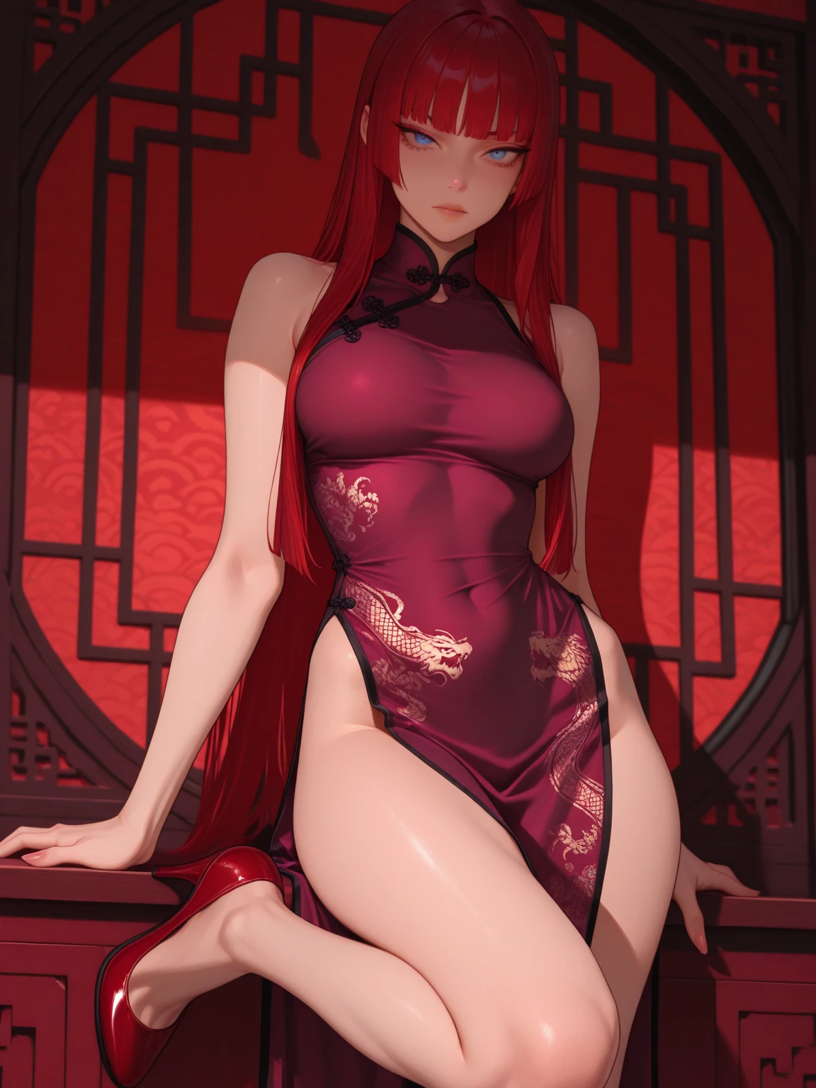 A female warrior, red hair, yellow eyes, red nails, beautiful young face, strong physical characteristics, with medium breasts and open legs showing realistic pussy, with a defined belly from the gym with tight clothes, an angry face, provocative look. Wearing traditional Chinese imperial clothing decorated in gold with black details, with red Hanafuda earrings, with a black skirt to the feet, a black sandal, A white handkerchief. standing, dancing in an ancient Chinese room, with a full moon and stars in the window in the background.