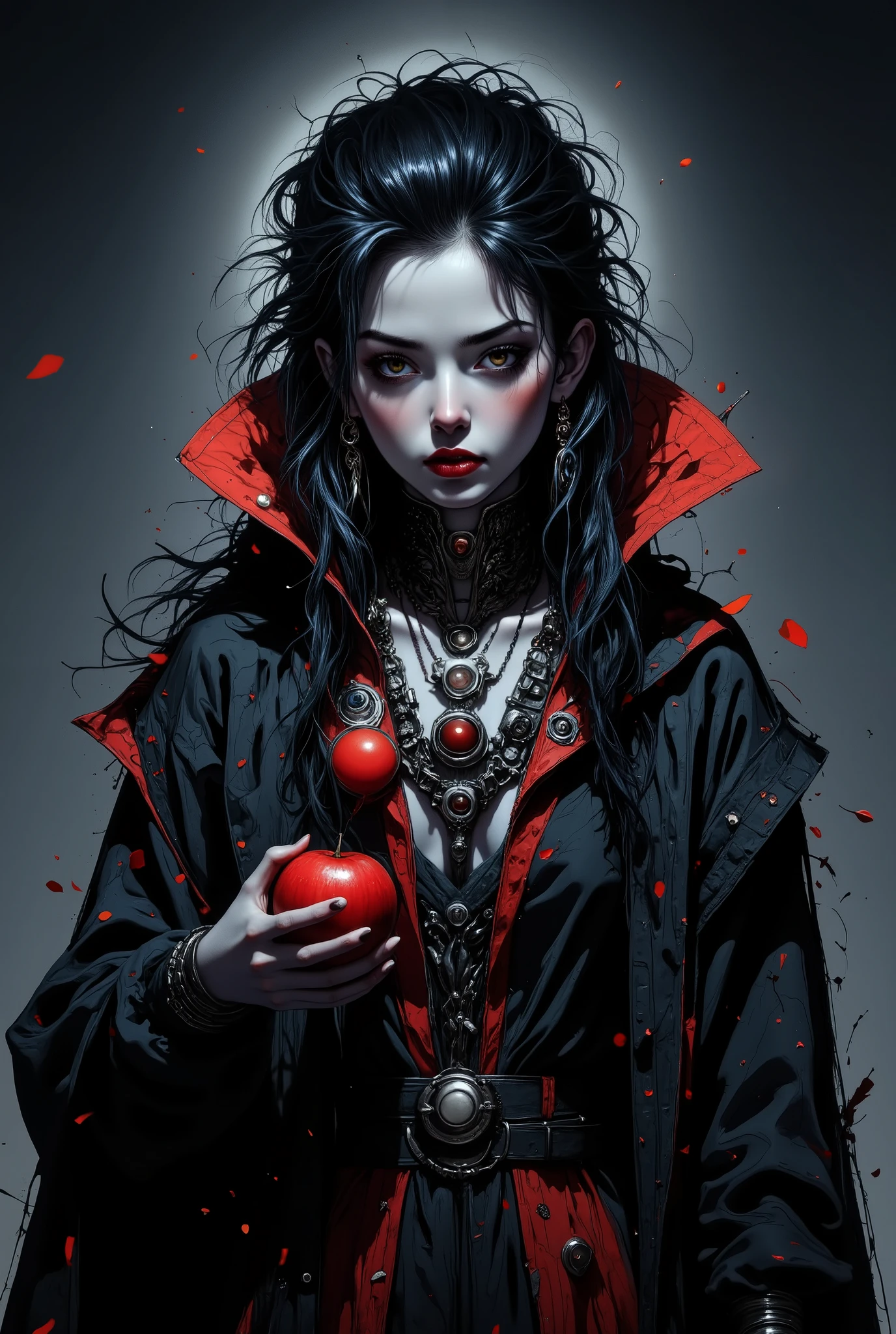 ((RAW Photo), absurd, (absurdresolution)), masterpiece, best quality, (Extremely detailed 8k unity CG wallpaper), (best illustration), (best shadow), Realistic lighting, beautiful detailed glow, ((21 years old)), girl, long black hair, black queen, accessories, apple in hand, poisoned apples, witch queen, red lipstick, (((Photographic Perspective of her)))