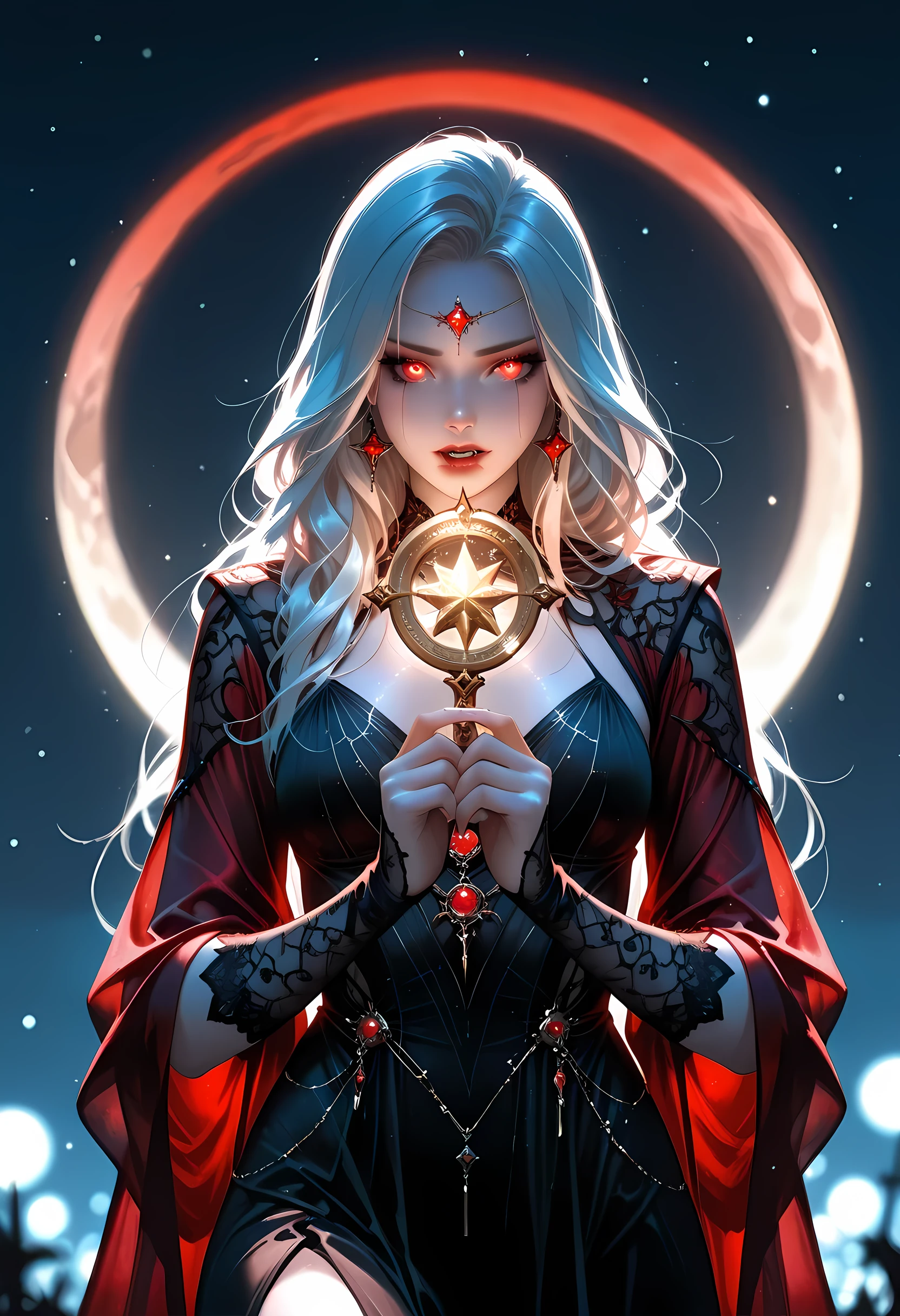 a picture of an epic beautiful female vampire, ghostly beauty, wearing transluminescent dress, black silk dress, intricate dress, transluminescent dress, transparent dress, red sleeves, epic beautiful female vampire, pale skin perfect body, ghostly beauty, serene beauty, lush hair, long hair, red glowing eyes, vampire fangs, stars entwined in the woman's hair, light caress the woman, moon light caress the dress, fantasy art, night time, the moon rises, creating award winning, photorealism, depth of field, hyper realistic, zavy-ctcmcs, Celestial Fantasy, dnddarkestfantasy, Art Deco