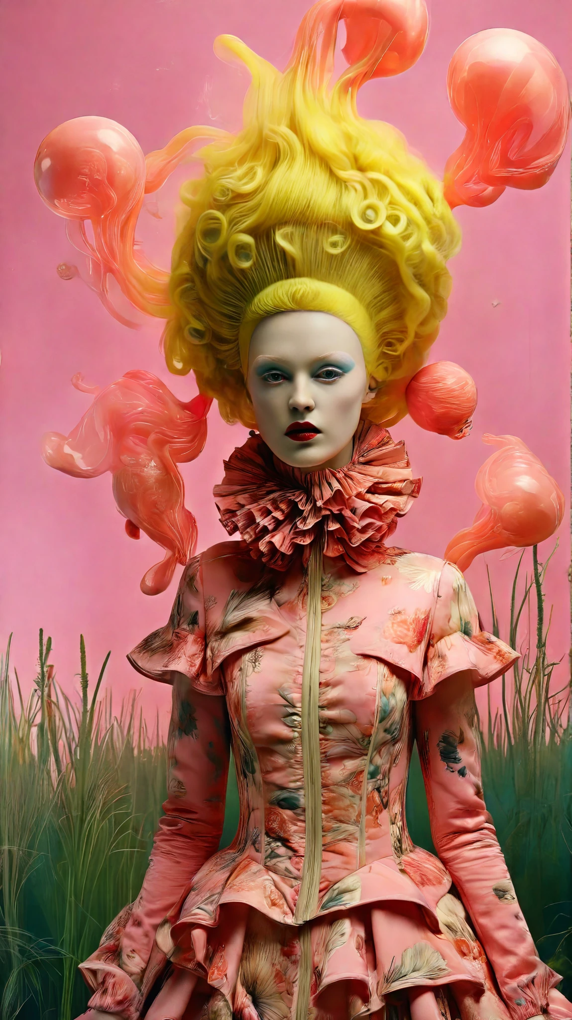 Tim Walker inspired, fashion photograph, whimsical settings, surreal elements, creative storytelling, vibrant colors, (detailed face:1.05), hyperrealistic, photorealistic
