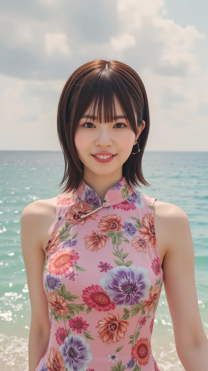 a woman posing on the street corner with light blue dress on, best quality, 1girl, large breasts, day, bright, blur background, bokeh, outdoor, (street:0.8), (people, crowds:1), (lace-trimmed dress:1.5, sleeveless dress, light blue clothes, light blue high-neck dress:1.2, blue dress: 1.5), gorgeous, (short hair, forehead:1.2), beautiful detailed sky, earrings, (dynamic pose:1.2), (upper body:0.8), soft lighting, wind, shiny skin, smile,